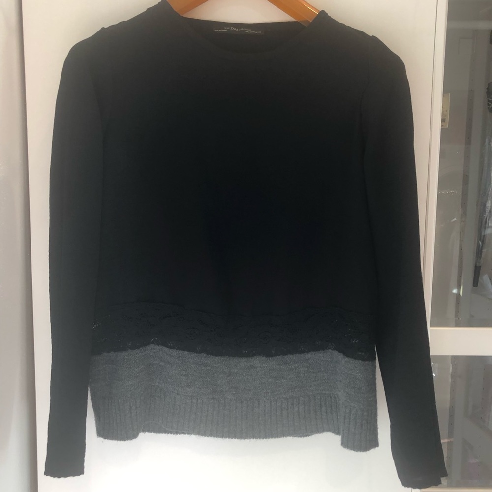 Zara Black Blouse Sz. M Lace Gray Knit Top